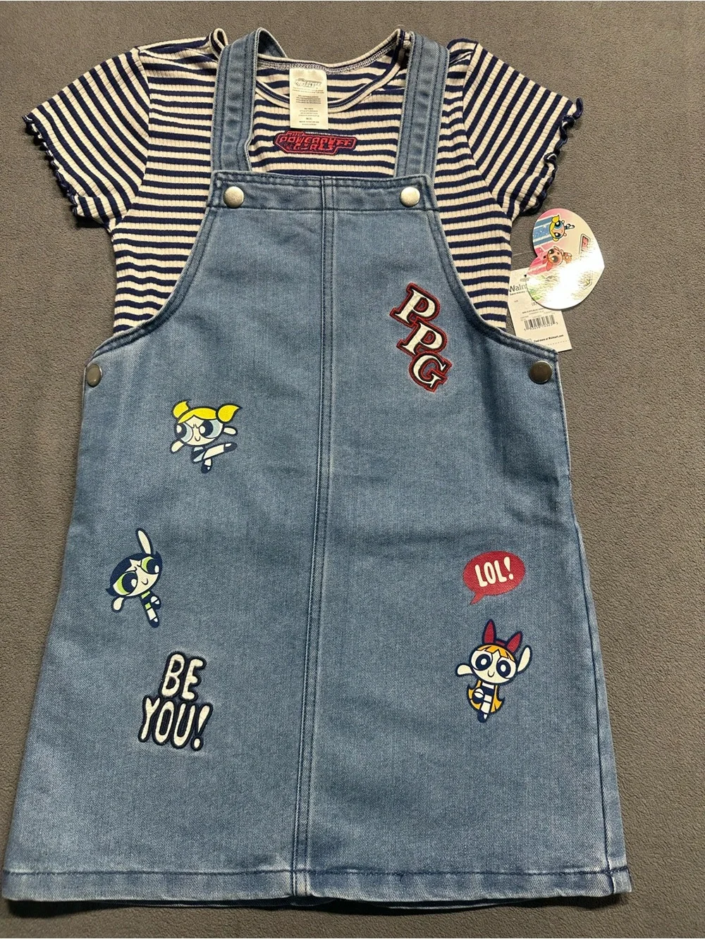 Blue Denim Girls' Overall Dress with Striped Tee — Powerpuff Patch Design